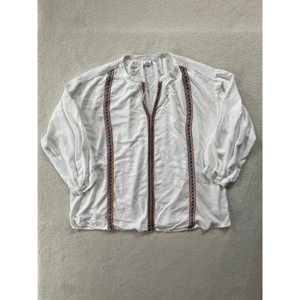 Gap Womens Medium Tall Blouse White Embroidered Boho V-Neck 3/4 Sleeve Top
